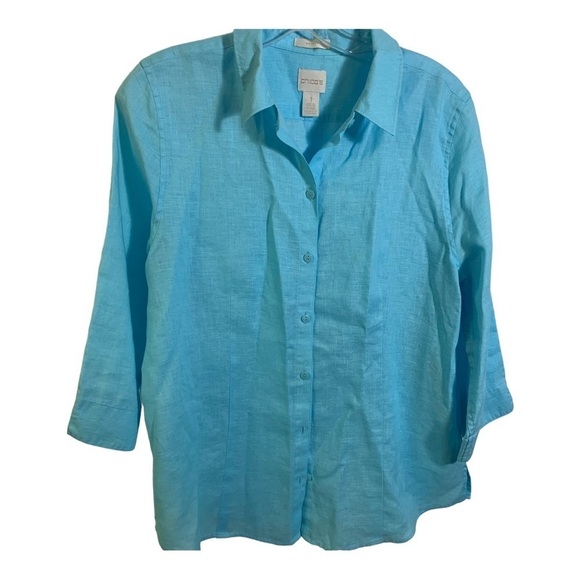 Chico's Turquoise Button Down Linen Lightweight 3/4 Sleeve Spring Blouse - Picture 1 of 9